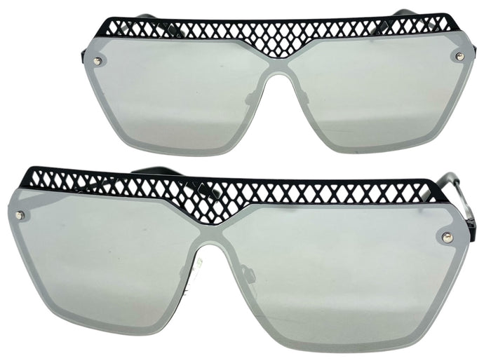 Sleek Modern Retro Shield Style SUNGLASSES Black Frame Chrome Lens 10415