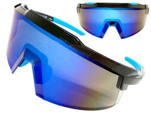Oversized Retro Sporty Wrap Around Shield Style SUNGLASSES Large Frame - Blue Lens 80963