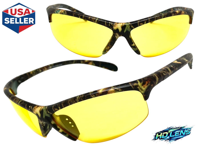 Classic Sporty Wrap Around HD Yellow Lens SUNGLASSES Green Camouflage Frame 2250