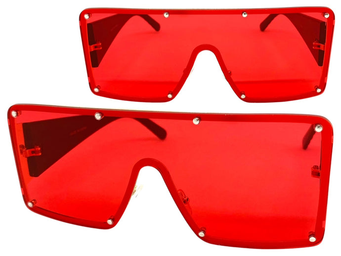 Oversized Contemporary Modern Retro Shield Style SUNGLASSES Large Flat Red Lens 96312