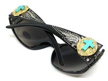 Classy Elegant Western Cowgirl Style SUNGLASSES Black Frame with Turquoise Cross 8235