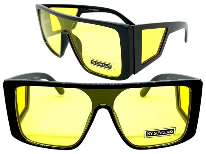 Oversized Modern Retro Shield Style SUNGLASSES Black Frame Yellow Lens 9227