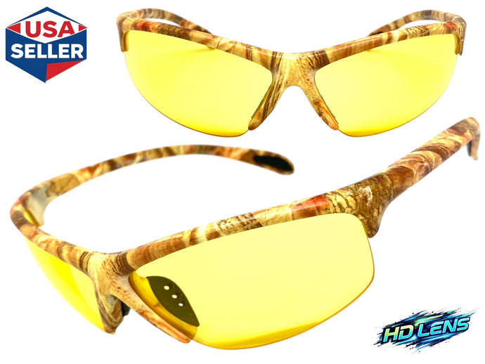 Classic Sporty Wrap Around HD Yellow Lens SUNGLASSES Light Tone Camouflage Frame 2250