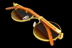 Classy Elegant Sophisticated Luxury Hip Hop Style SUNGLASSES Round Gold & Wooden Frame 7535