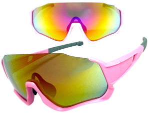 Sporty Retro Wrap Around Shield Style SUNGLASSES Pink Frame Gold Lens E2028