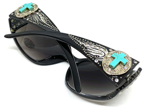 Classy Elegant Western Cowgirl Style SUNGLASSES Black Frame with Turquoise Cross 8235