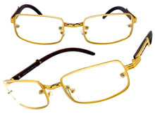 Classic Modern Retro Luxury Hip Hop Style Clear Lens EYEGLASSES Rectangular Gold & Faux Wooden Frame E0444