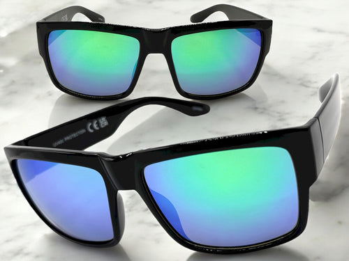 Classic Vintage Retro Hardcore Biker Gangster Style SUNGLASSES Thick Square Black Frame - Green Lens 7232