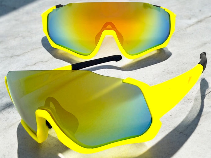Sporty Retro Wrap Around Shield Style SUNGLASSES Neon Yellow Frame Gold Lens E2028
