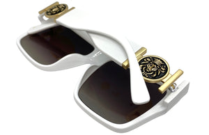 Men's Classy Elegant Luxury Designer Style SUNGLASSES White Frame with Gold Medallion 4055