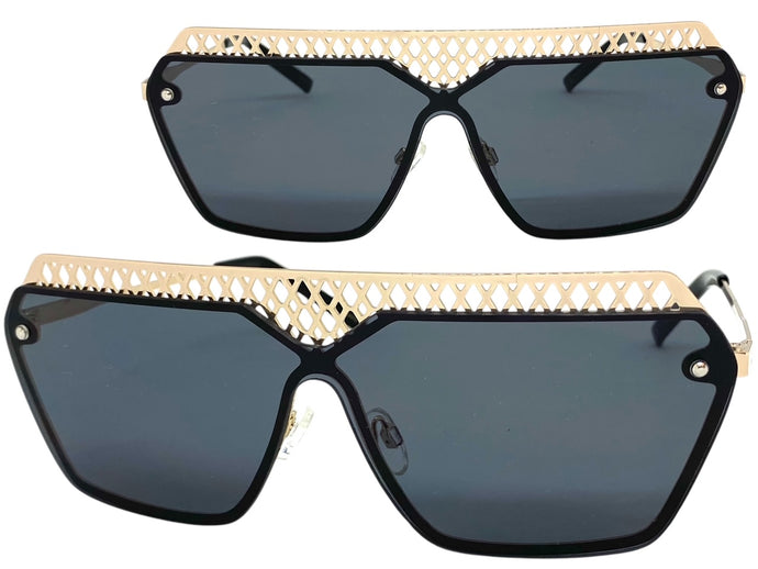 Sleek Modern Retro Shield Style SUNGLASSES Gold Frame Dark Lens 10415