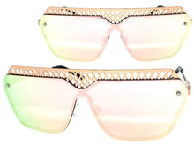 Sleek Modern Retro Shield Style SUNGLASSES Rose Gold Frame Pink Lens 10415