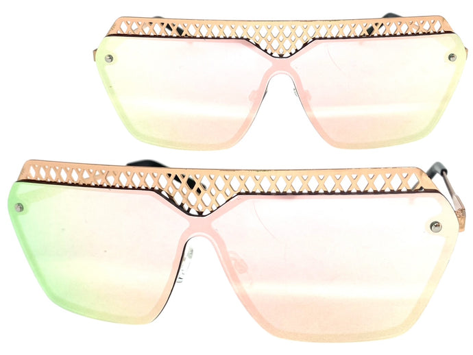 Sleek Modern Retro Shield Style SUNGLASSES Rose Gold Frame Pink Lens 10415