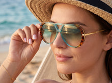 Classy Elegant Vintage Retro Aviator Style SUNGLASSES Large Turquoise & Gold Frame 2888