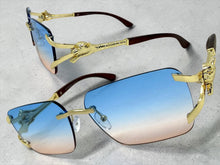 Classy Elegant Luxury Hip Hop Rapper Style SUNGLASSES Rimless Gold & Faux Wooden Frame - Blue & Beige Lens 27806