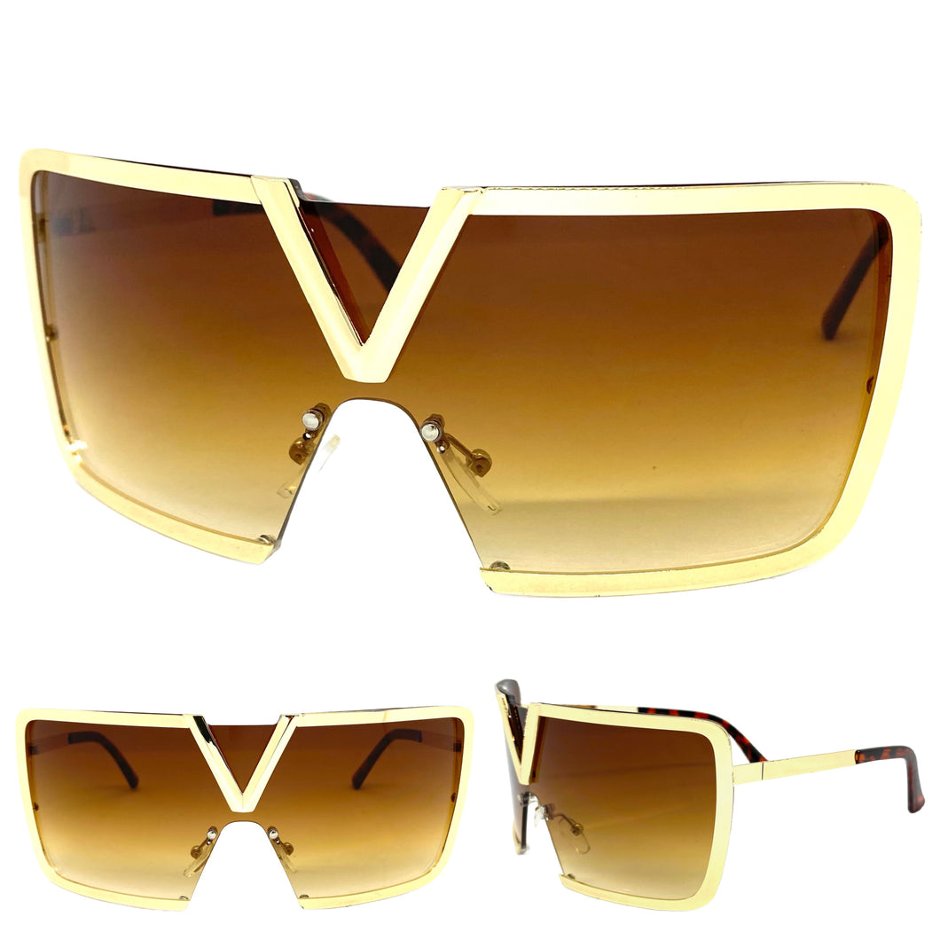 Classy Elegant Luxury Contemorary Modern Shield Wrap Style SUNGLASSES Gold Frame 5255