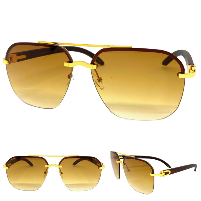 Men's Classy Elegant Luxury Designer Hip Hop Style SUNGLASSES Large Gold & Faux Wooden Frame 5112