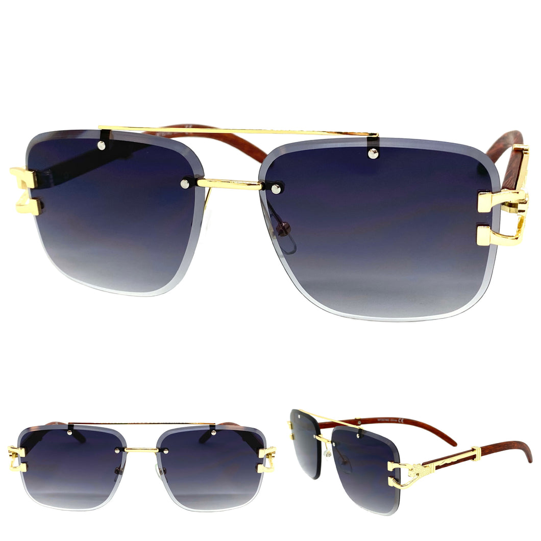 Classic Elegant Luxury Retro Hip Hop Style SUNGLASSES Gold & Wood Frame 7357