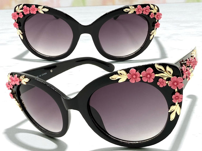 Oversized Vintage Retro Cat Eye Style SUNGLASSES Large Black Floral Frame 96596