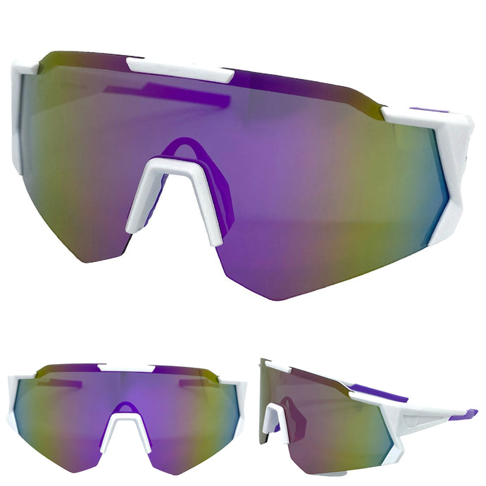 Oversized Retro Sporty Wrap Around Style SUNGLASSES Large White Frame 5330