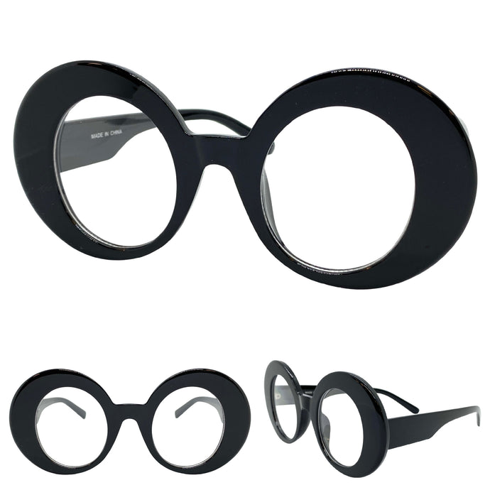 Oversized Exaggerated Retro Style Clear Lens EYEGLASSES Large Round Black Optical Frame - RX Capable 81159