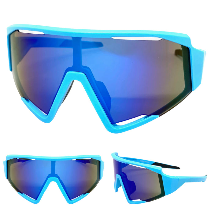 Oversized Retro Sporty Wrap Around Style SUNGLASSES Large Blue Frame E1927
