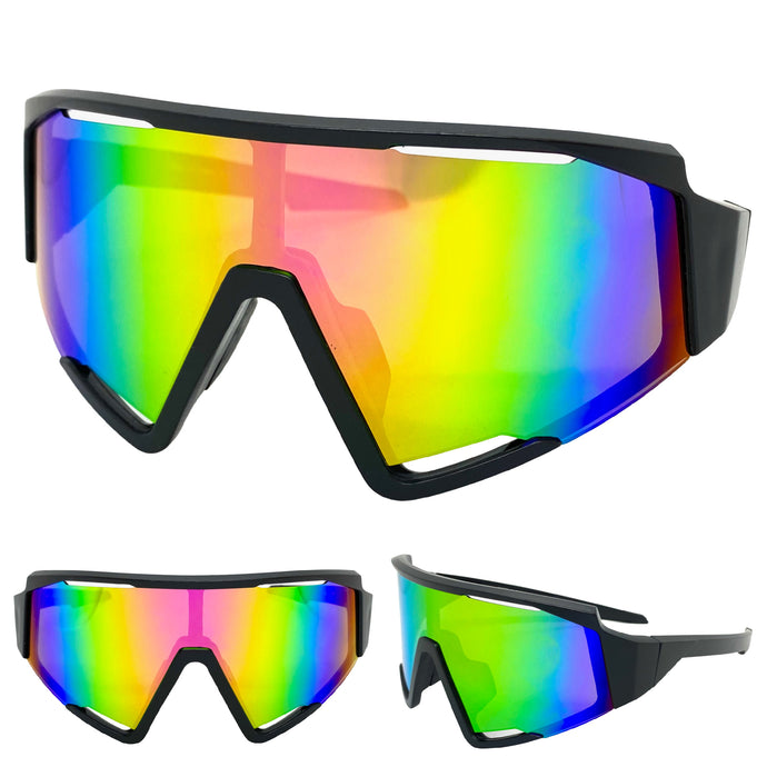 Oversized Retro Sporty Wrap Around Style SUNGLASSES Large Black Frame E1927