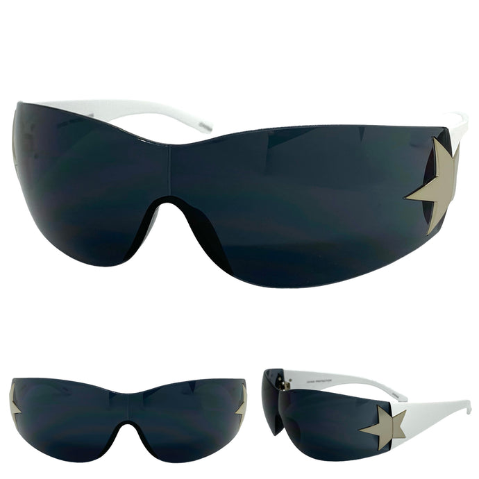 Classy Elegant Contemorary Modern Shield Wrap Style SUNGLASSES White Frame 80473