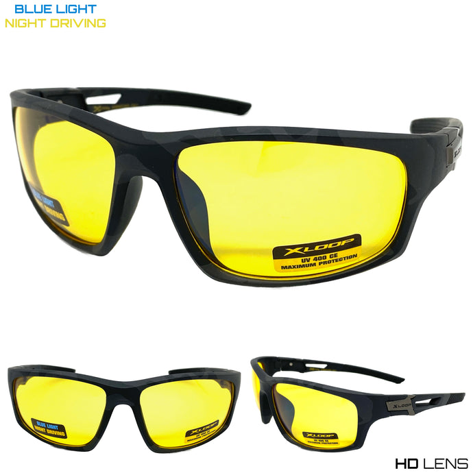 Sporty Wrap Around Blue Light Night Driving HD Lens SUNGLASSES Black Frame 3503