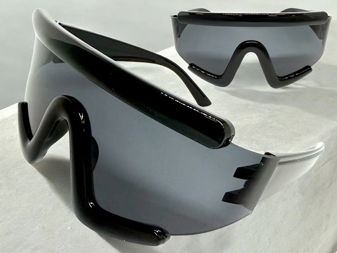 Oversized Exaggerated Modern Rerto Shield Style SUNGLASSES Large Black Frame 63290