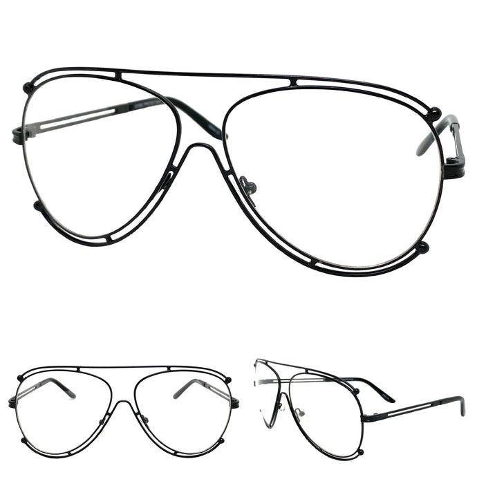 Oversized Vintage Retro Aviator Style Clear Lens EYEGLASSES Large Black Frame 3874