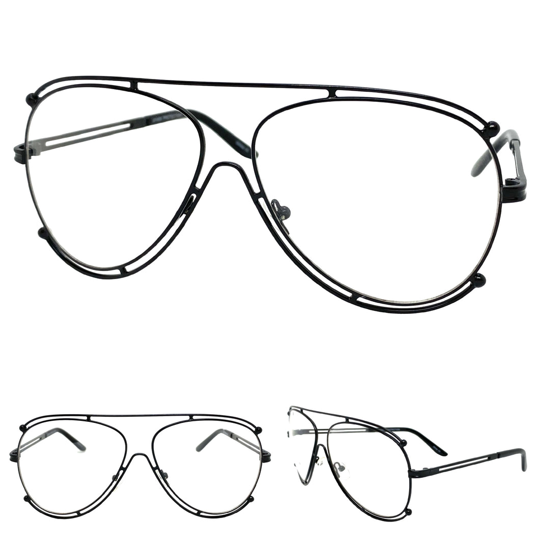 Oversized Vintage Retro Aviator Style Clear Lens EYEGLASSES Large Black Frame 3874