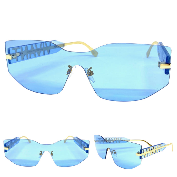 Contemporary Modern Shield Style SUNGLASSES Rimless Blue Frame 5232