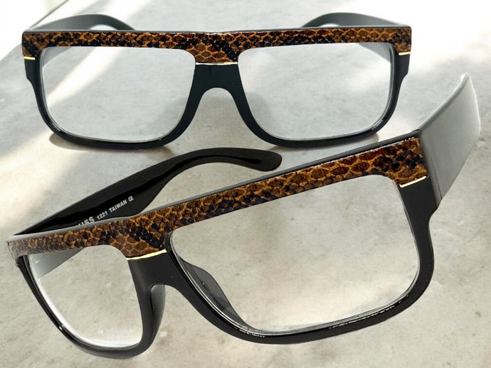 Classic Vintage Retro Hip Hop Rapper Style Clear Lens EYEGLASSES Thick Black Snakeskin Frame 1221
