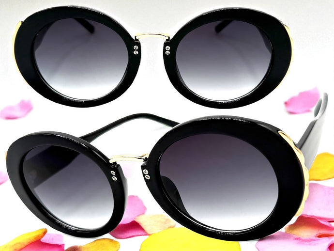 Exaggerated Vintage Retro Funky Hippie Style SUNGLASSES Round Black & Gold Frame P8216