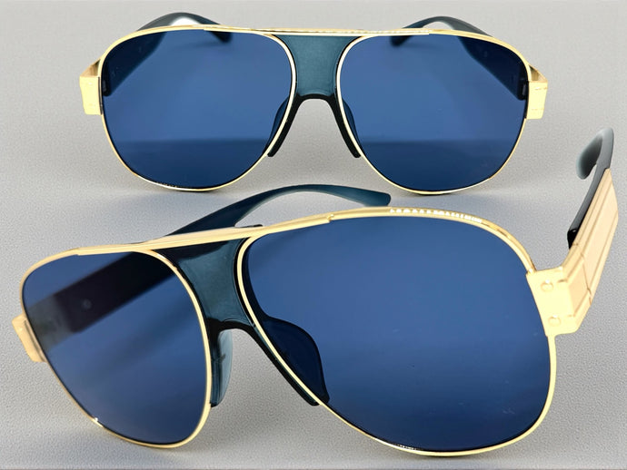 Classic Hardcore Biker Gangster Hip Hop Rapper Style SUNGLASSES Gold & Blue Frame - Blue Lens 4000