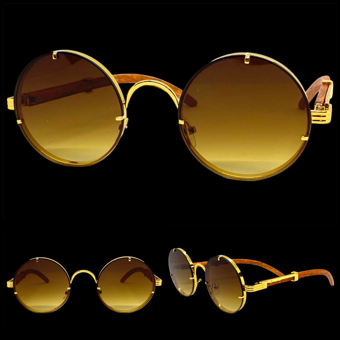 Classy Elegant Sophisticated Luxury Hip Hop Style SUNGLASSES Round Gold & Wooden Frame 7535