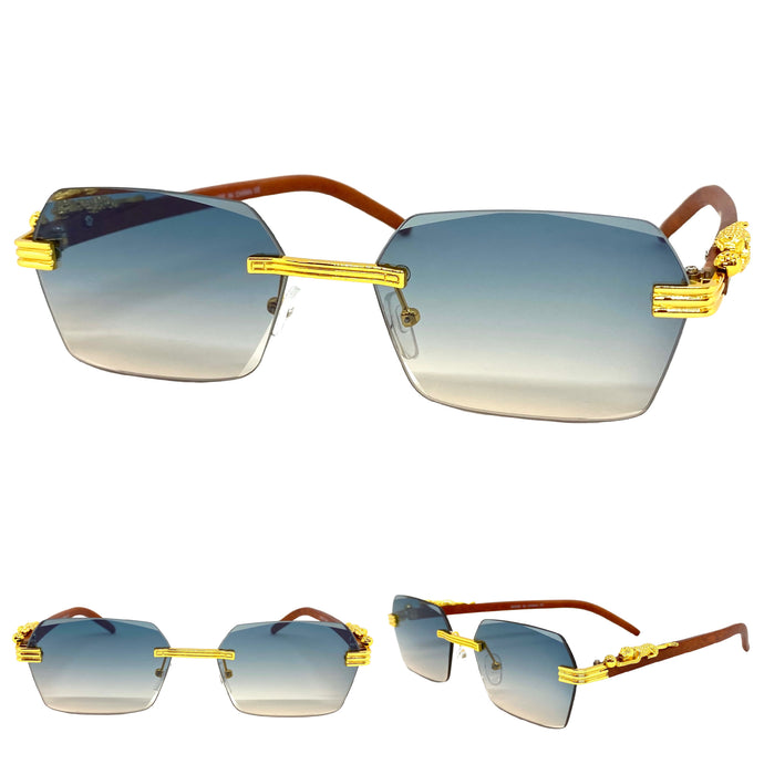 Classy Elegant Sophisticated Luxury Style SUNGLASSES Gold & Wooden Frame E0958