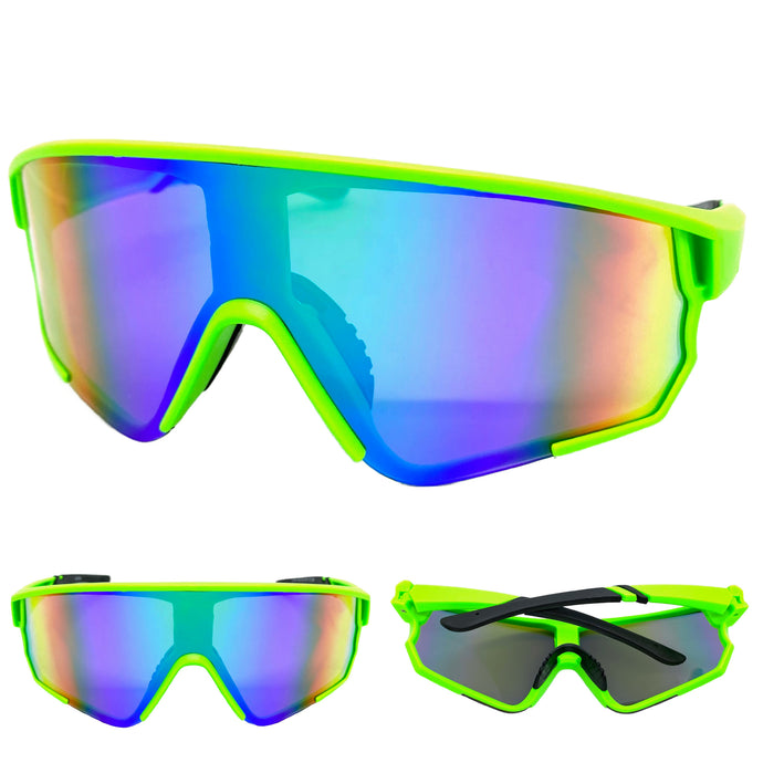 Oversized Retro Sporty Wrap Around Style SUNGLASSES Large Neon Green Frame 9046