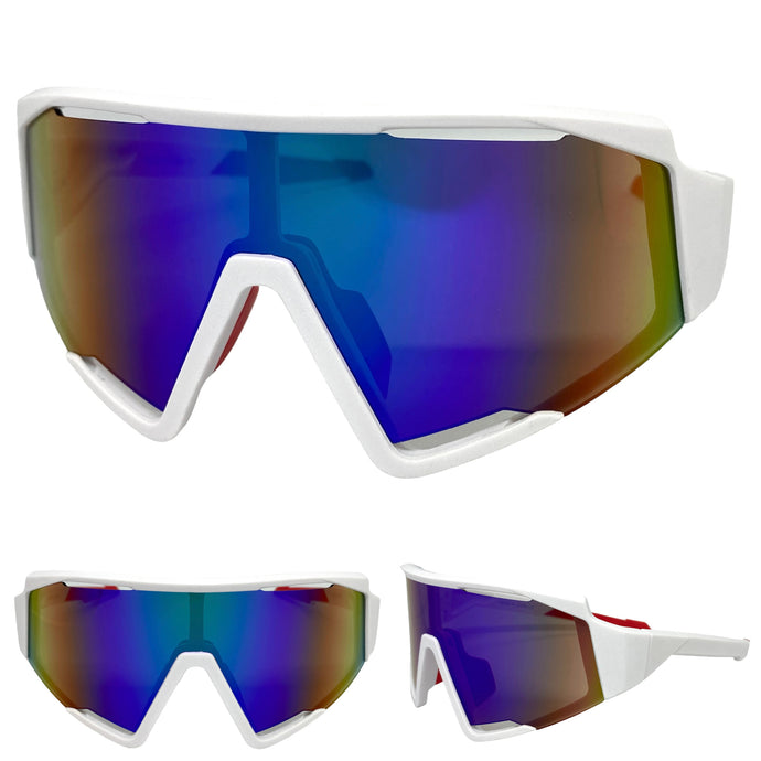 Oversized Retro Sporty Wrap Around Style SUNGLASSES Large White Frame E1927