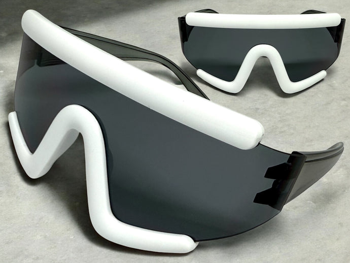 Oversized Exaggerated Modern Rerto Shield Style SUNGLASSES Large White Frame 63290
