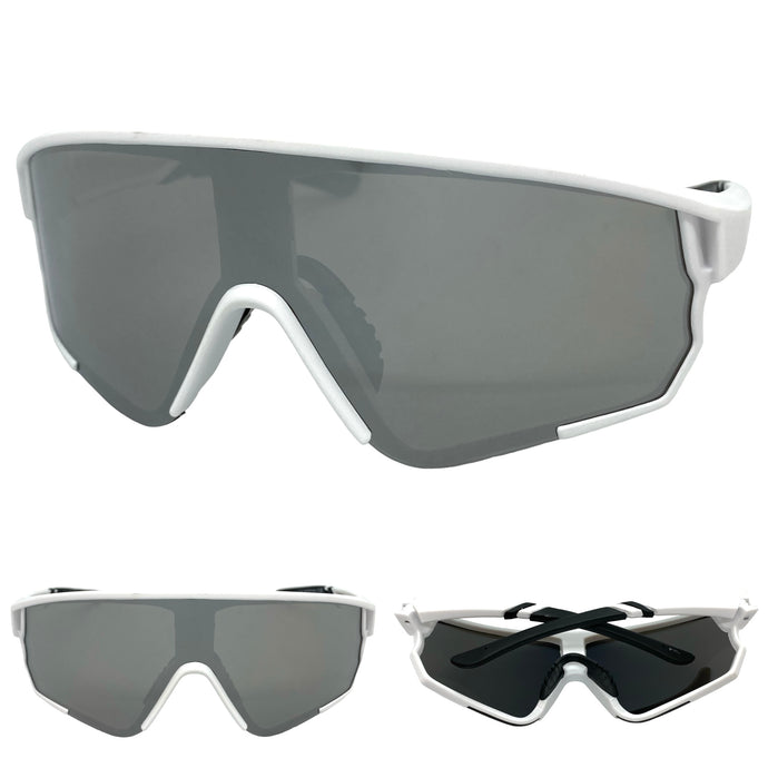 Oversized Retro Sporty Wrap Around Style SUNGLASSES Large White Frame 9046