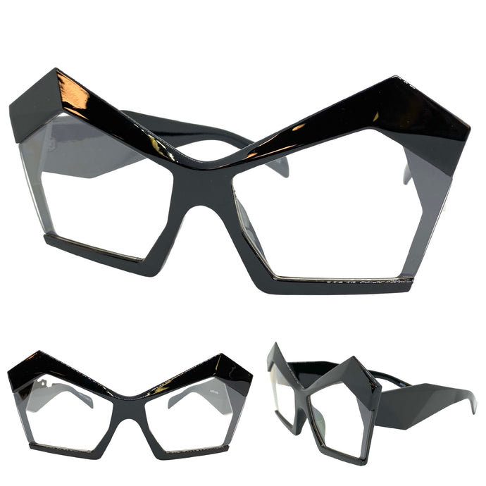 Oversized Modern Retro Cat Eye Style Clear Lens with Slight Tint SUNGLASSES Black Frame E1877