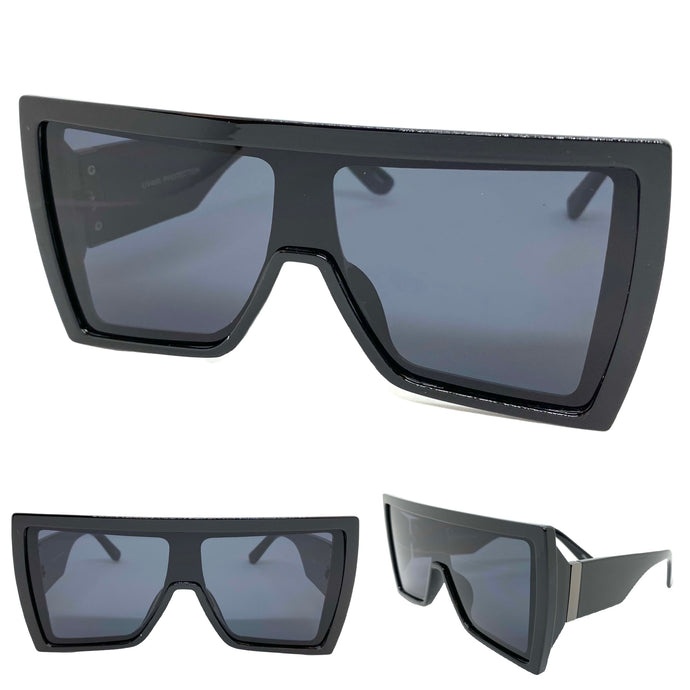 Oversized Modern Retro Shield Style SUNGLASSES Large Black Frame 80550