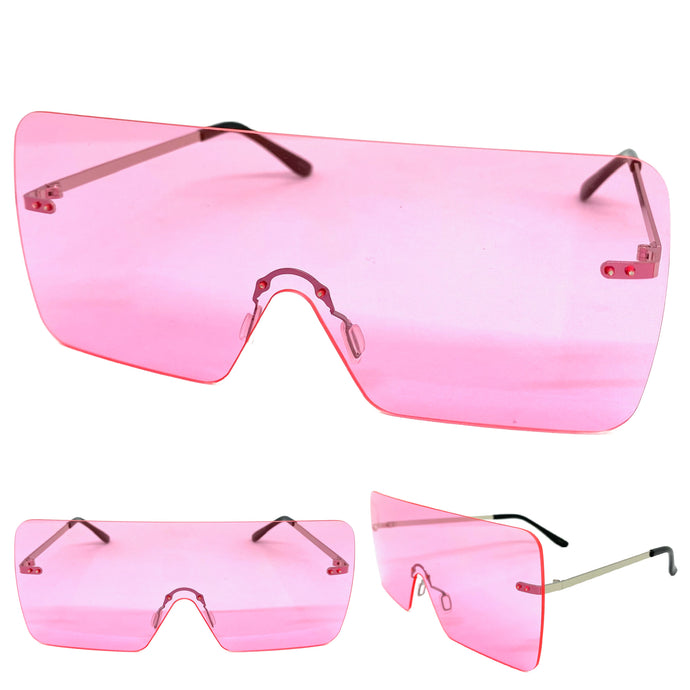 Oversized Exaggerated Modern Retro Shield Style SUNGLASSES Large Flat Pink Lens 10549