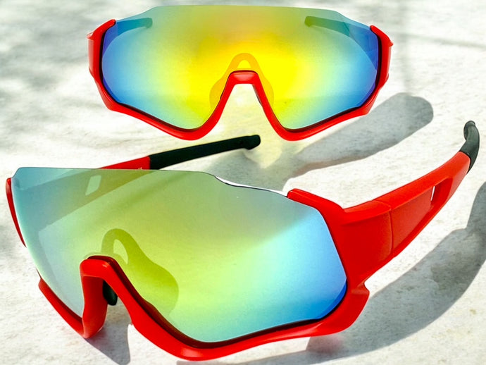 Sporty Retro Wrap Around Shield Style SUNGLASSES Red Frame Gold Lens E2028