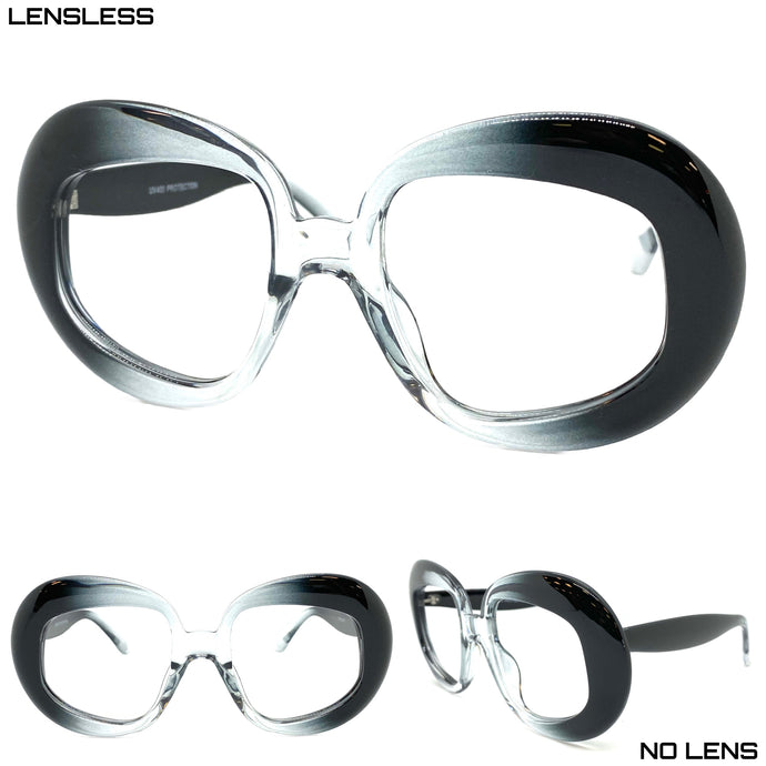 Oversized Classic Vintage Retro Style Large Oval Black & Gray Lensless Eye Glasses- Frame Only NO Lens 80135