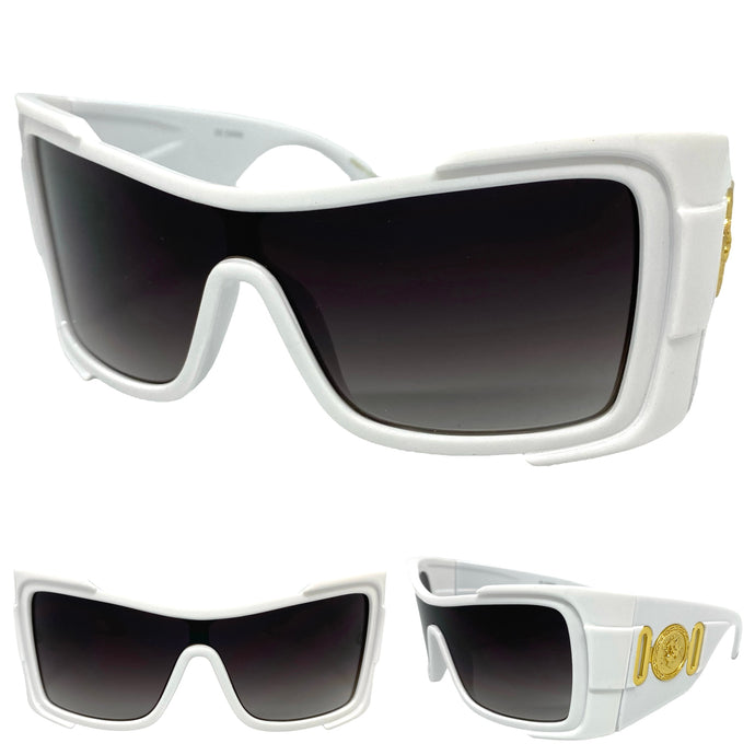 Oversized Classic Retro Wrap Shield Style SUNGLASSES Huge Super Thick White Frame 80639