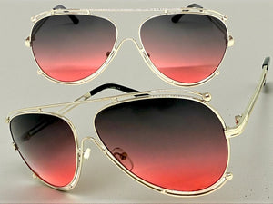 Classic Vintage Retro Aviator Style SUNGLASSES Silver Metal Frame - Gray & Rose Lens A193