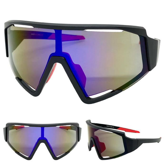 Oversized Retro Sporty Wrap Around Style SUNGLASSES Large Black Frame E1927